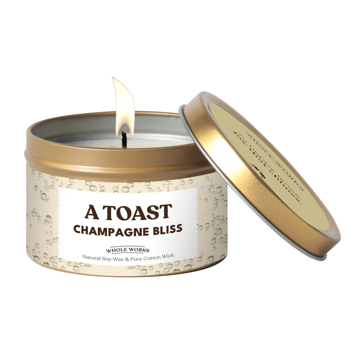 Whole Works Champagne Toast Candle wax close-up for eco-friendly, clean burn during celebrations.