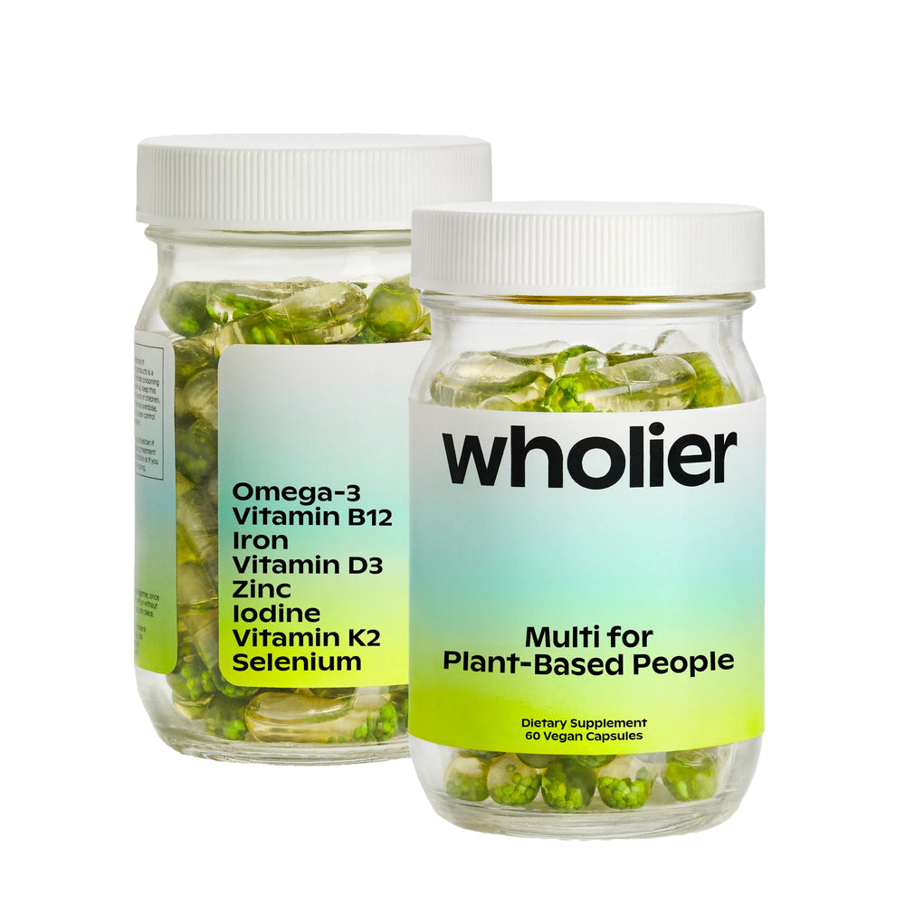 Front view of Wholier Plant Based Multivitamin bottle