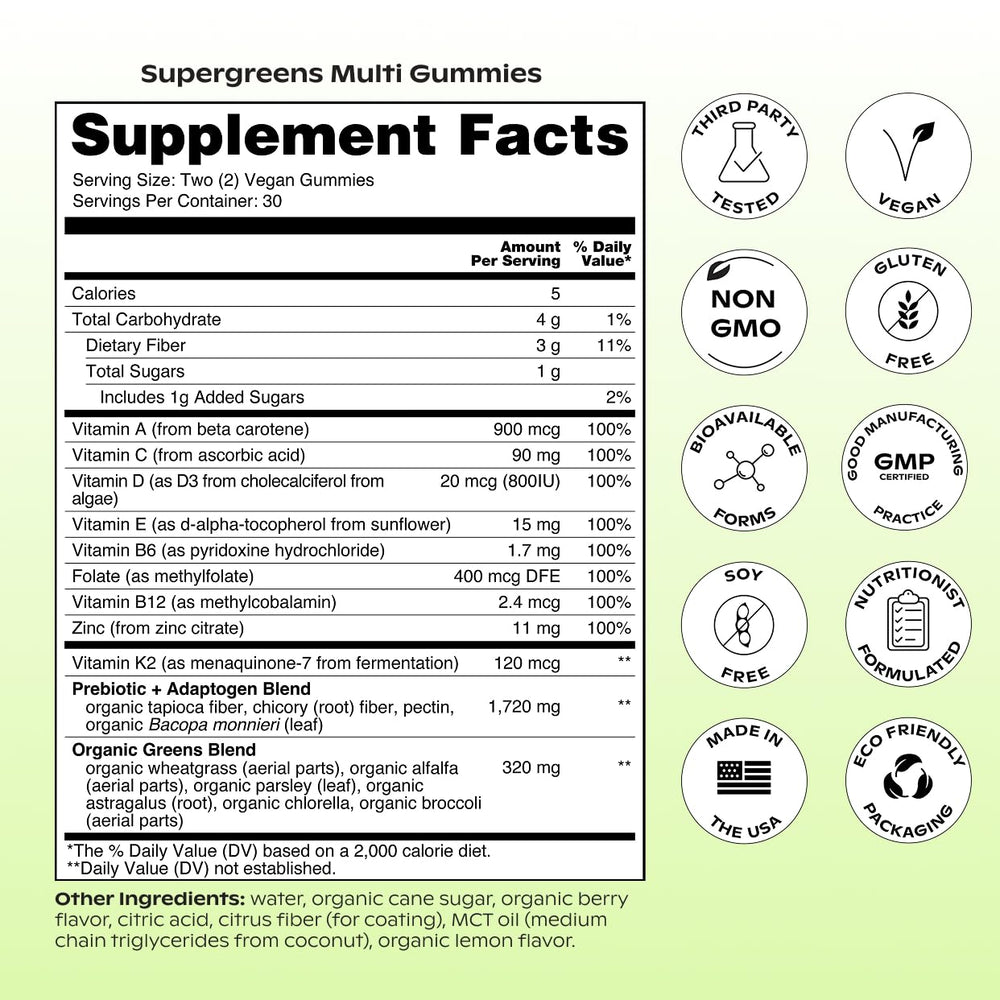 Wholier Supergreens Multi Gummies bottle back label with nutrition