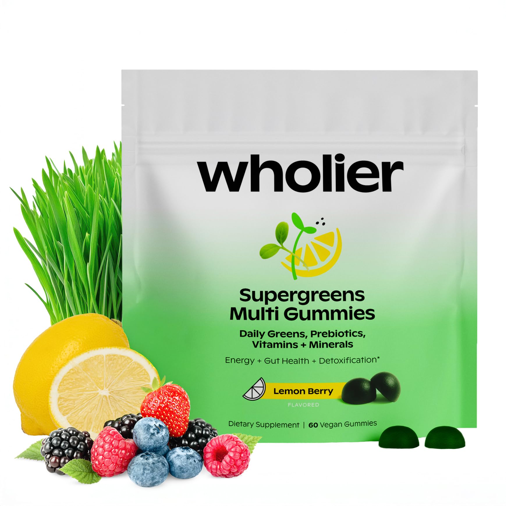 Wholier Supergreens Multi Gummies bottle front label