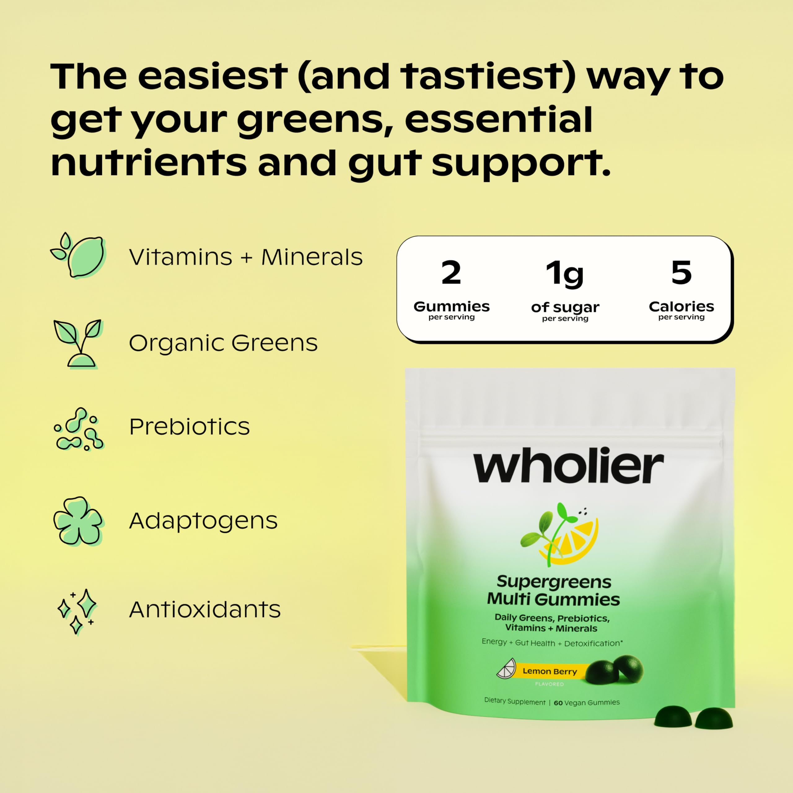 Nutrition facts panel for Wholier Supergreens Multi Gummies