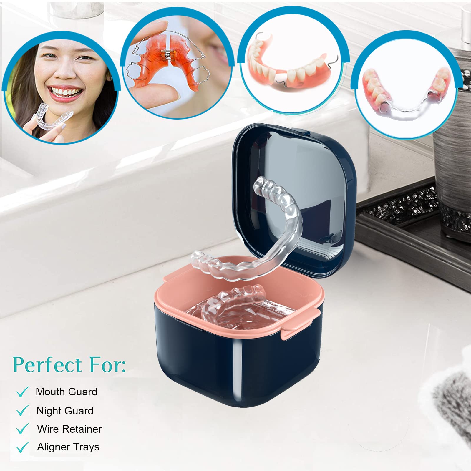Compact denture cup interior showing dimensions for travel