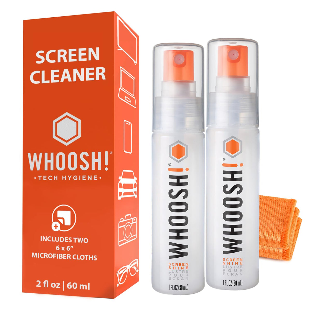 Two 1 oz refillable WHOOSH Screen Shine Go bottles with microfiber cloth