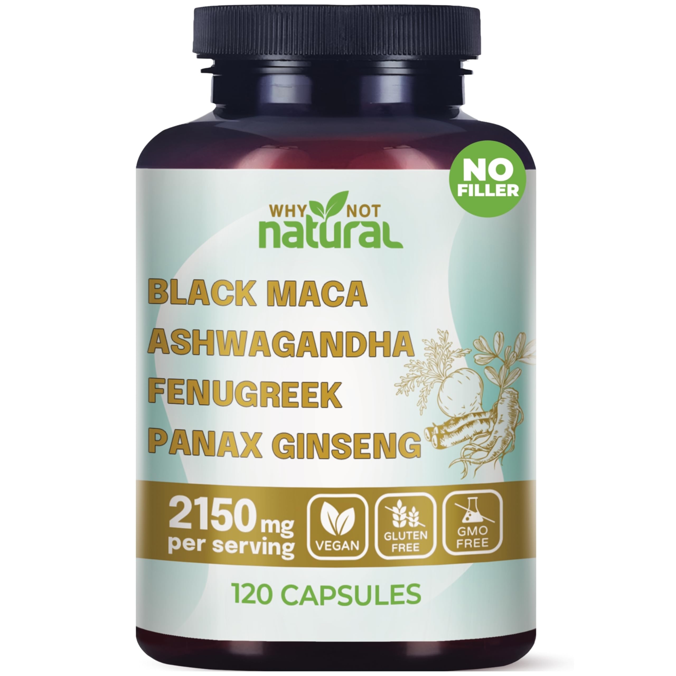 Why Not Natural 4-in-1 organic capsules bottle with maca, ashwagandha, fenugreek and ginseng