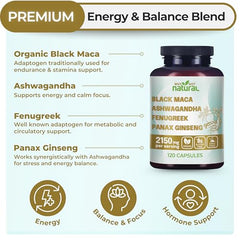 Close-up of maca, ashwagandha, fenugreek and ginseng ingredients