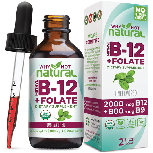 Product bottle label: Why Not Natural Vitamin B12 Liquid Plus Folate