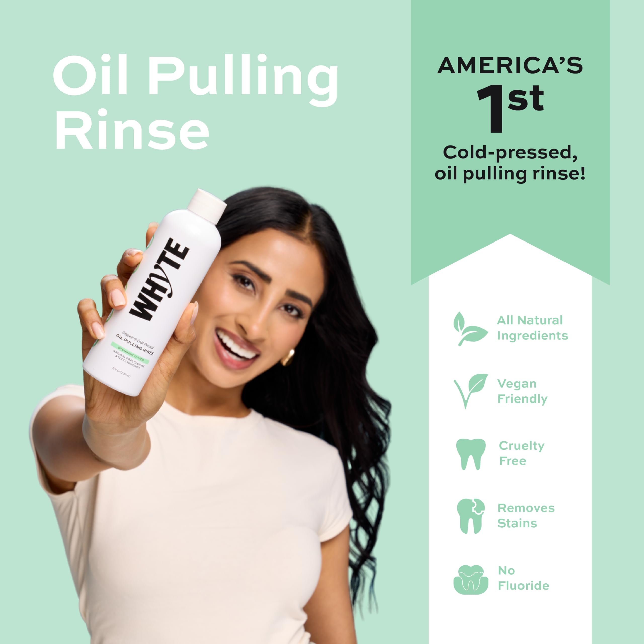 Close-up of Whyte coconut oil pulling mouthwash bottle
