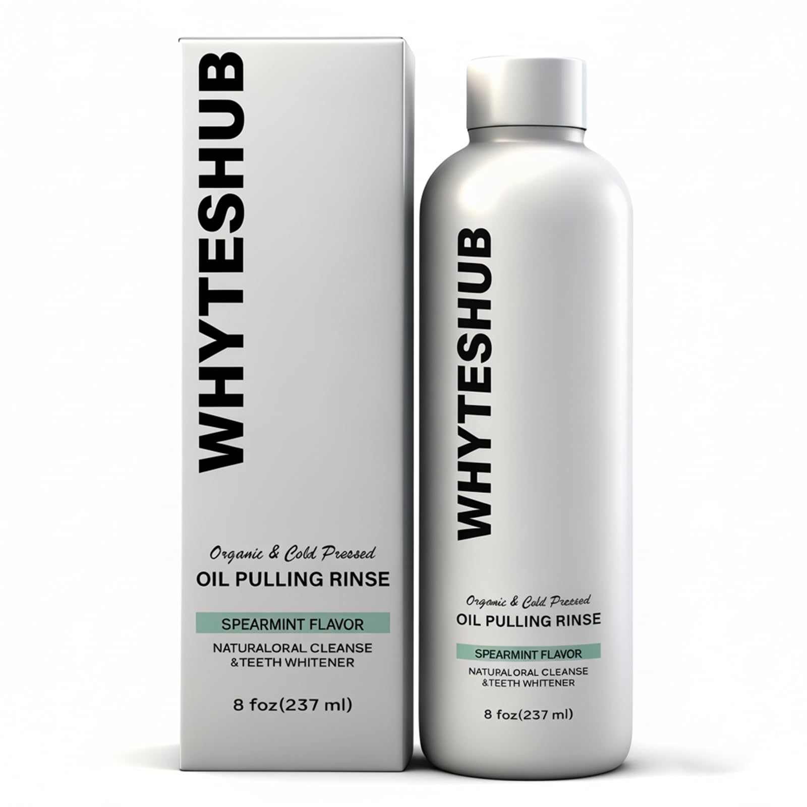 Whyteshub Spearmint Oil Pulling Rinse bottle with 8 oz packaging