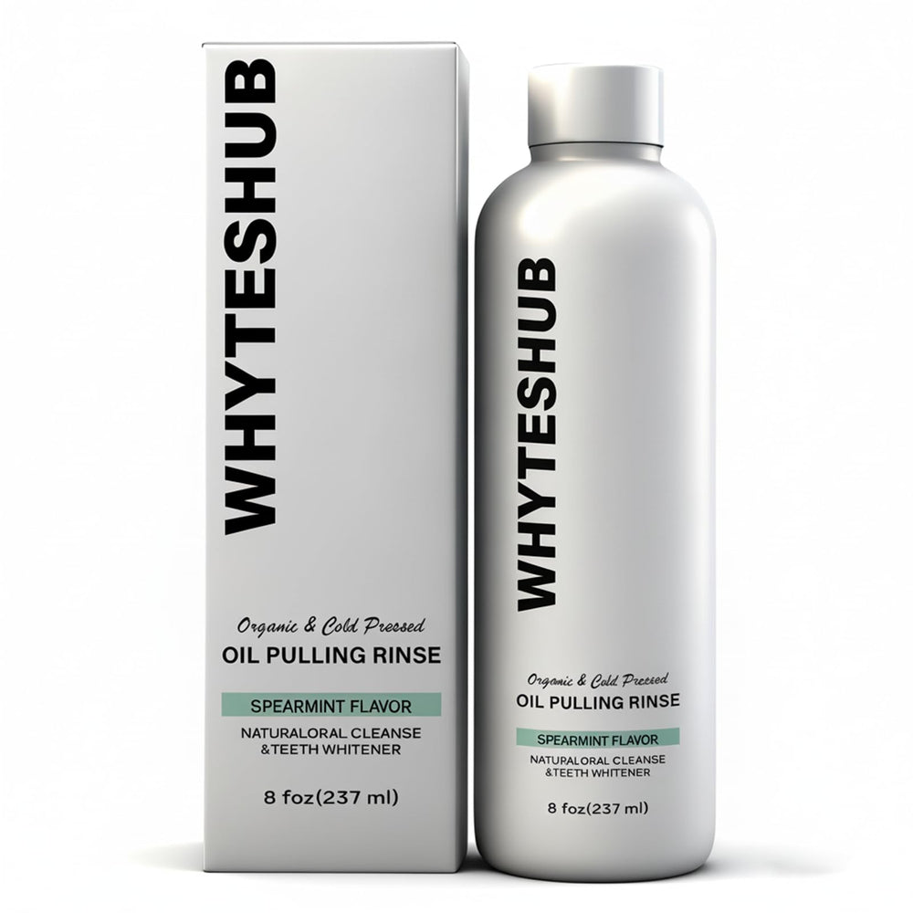 Whyteshub Spearmint Oil Pulling Rinse bottle with 8 oz packaging