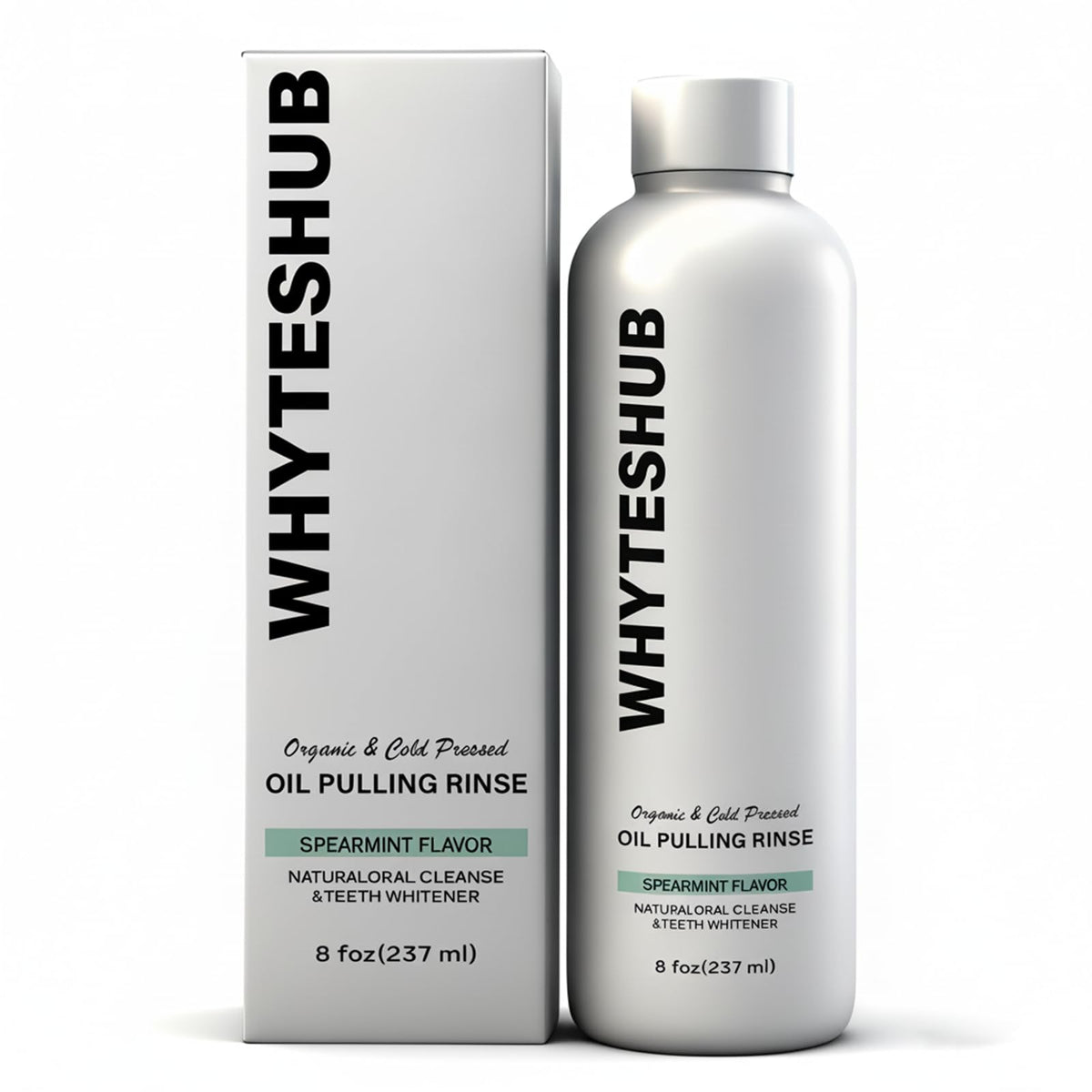 Whyteshub Spearmint Oil Pulling Rinse bottle with 8 oz packaging