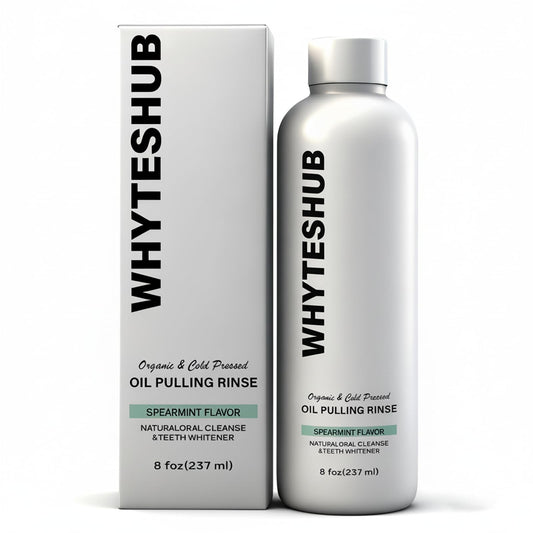 Whyteshub Spearmint Oil Pulling Rinse bottle with 8 oz packaging
