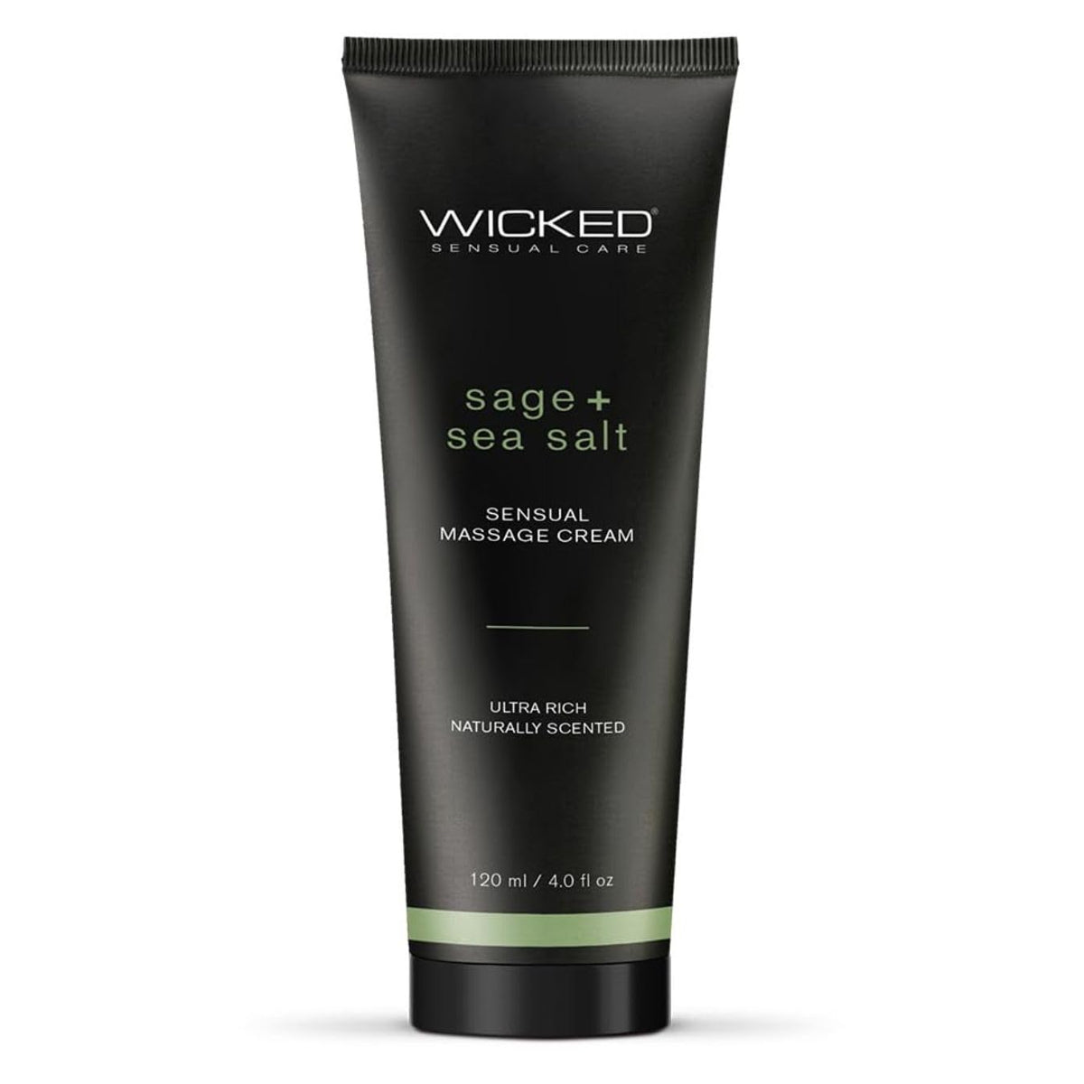 Wicked Sage Sea Salt Massage Cream 4oz bottle and packaging on spa surface