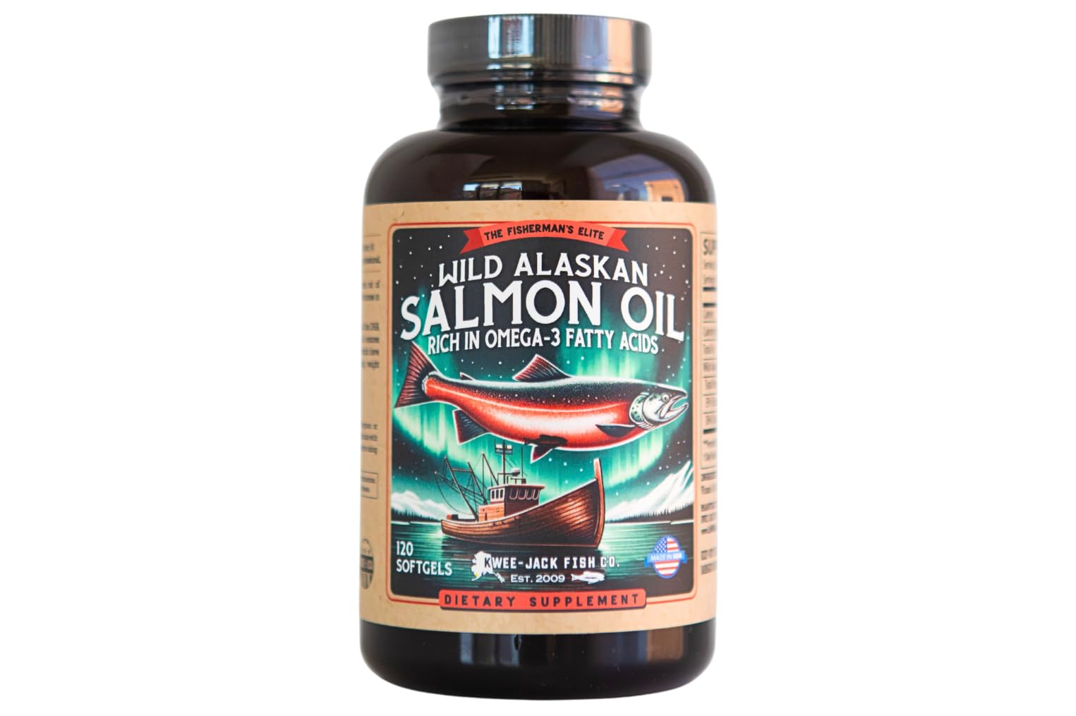 Bottle of Wild Alaskan Salmon Oil Omega-3 supplement with 120 softgels