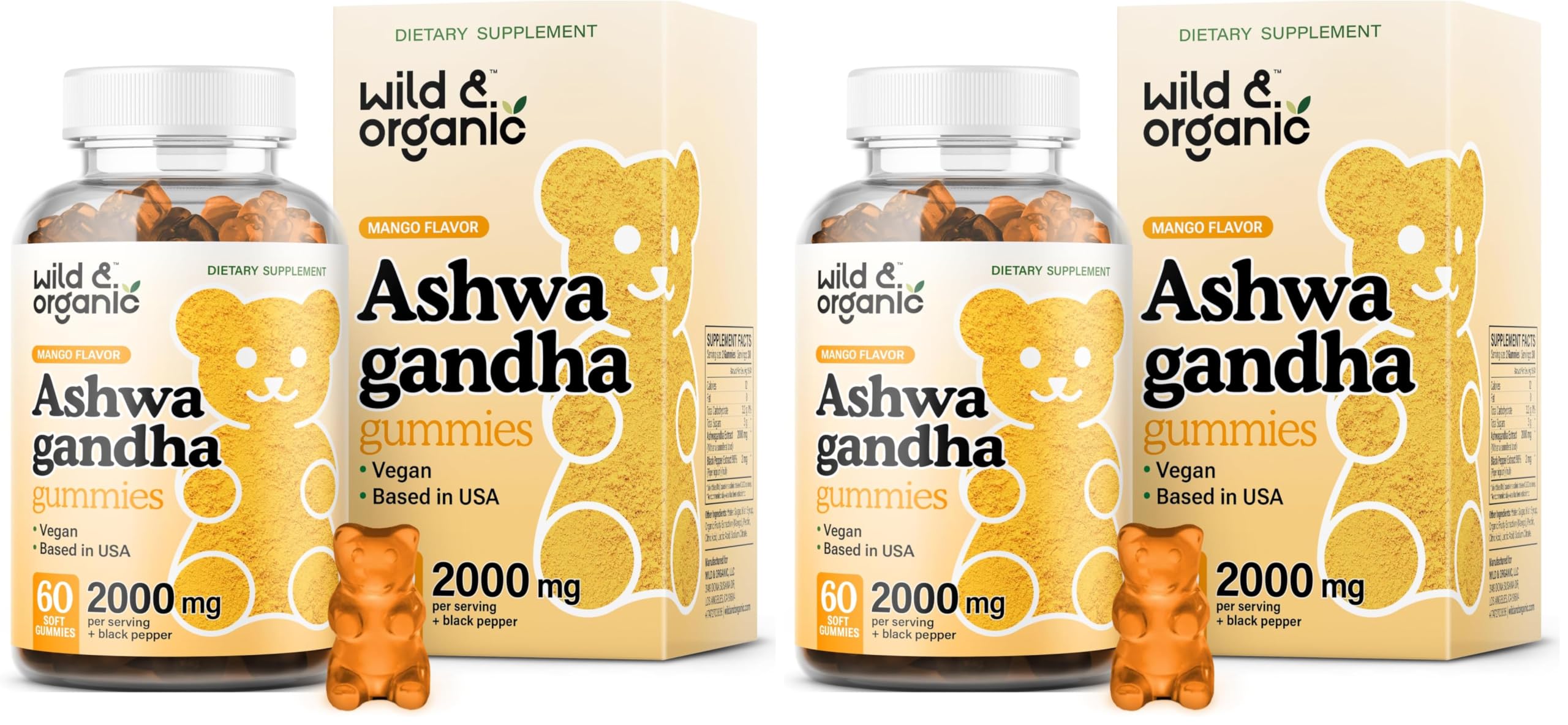 Wild & Organic Ashwagandha Gummies bottle front highlighting mango flavor for daily calm support