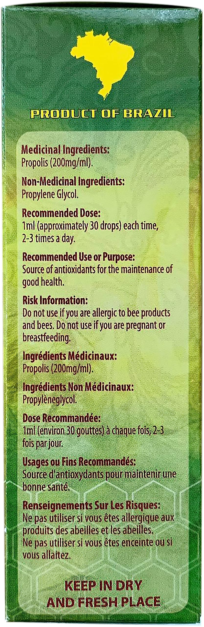 Close-up of Wild Apiary Green Propolis liquid bottle showing glycolic extract for oral and external use