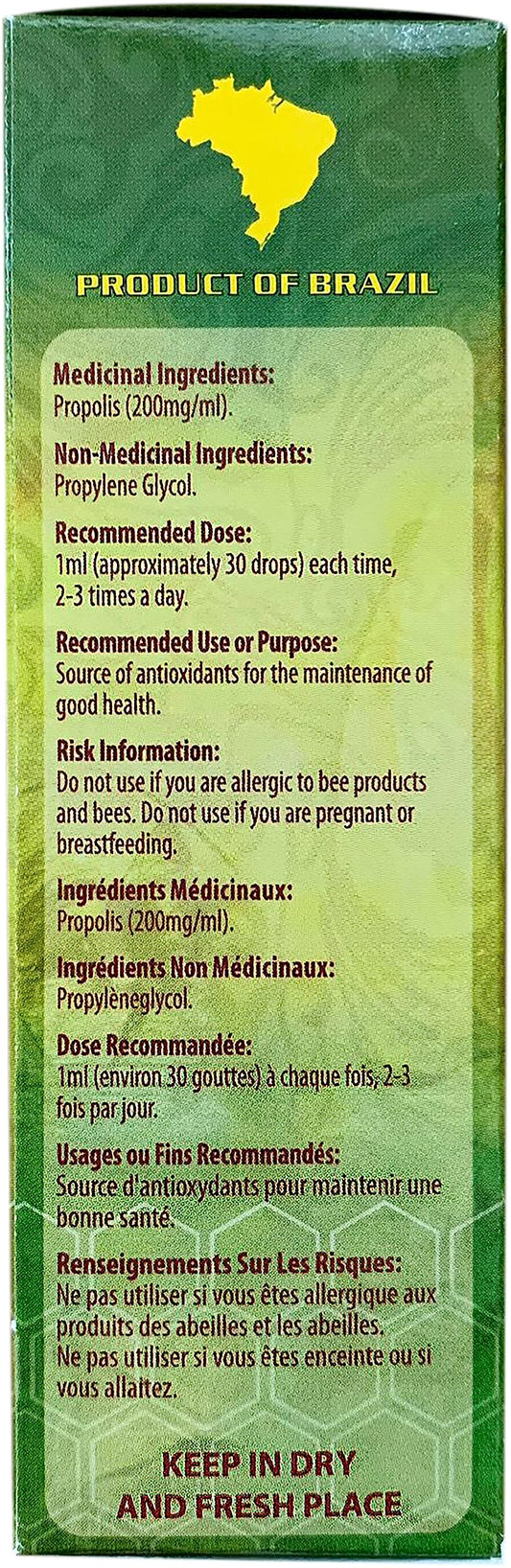 Close-up of Wild Apiary Green Propolis liquid bottle showing glycolic extract for oral and external use