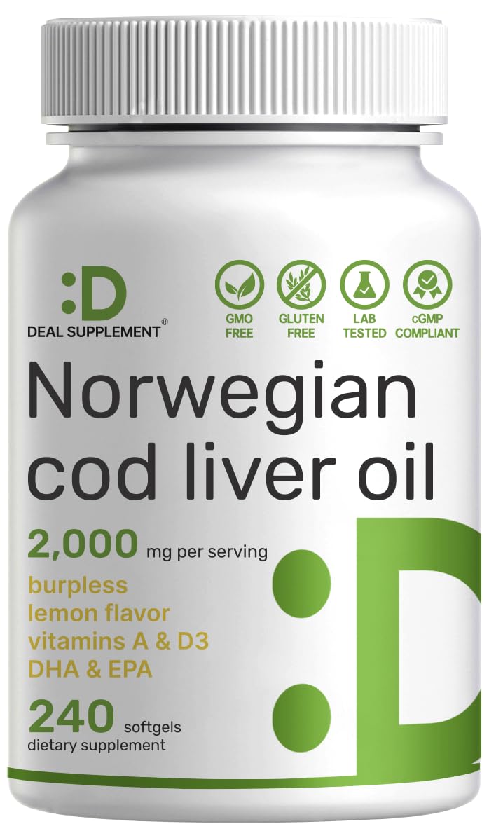 Wild-caught Norwegian cod liver oil bottle with 240 softgels
