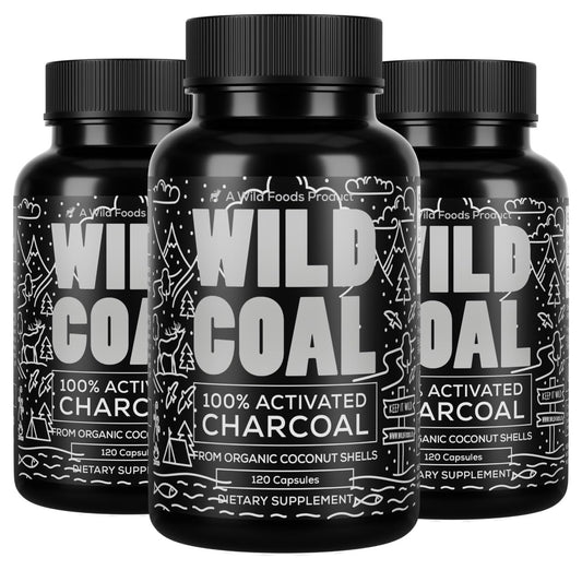 Front view of Wild Coal Activated Charcoal Capsules bottle with label