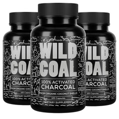 Wild Foods Activated Charcoal capsules bottle front for detox support.