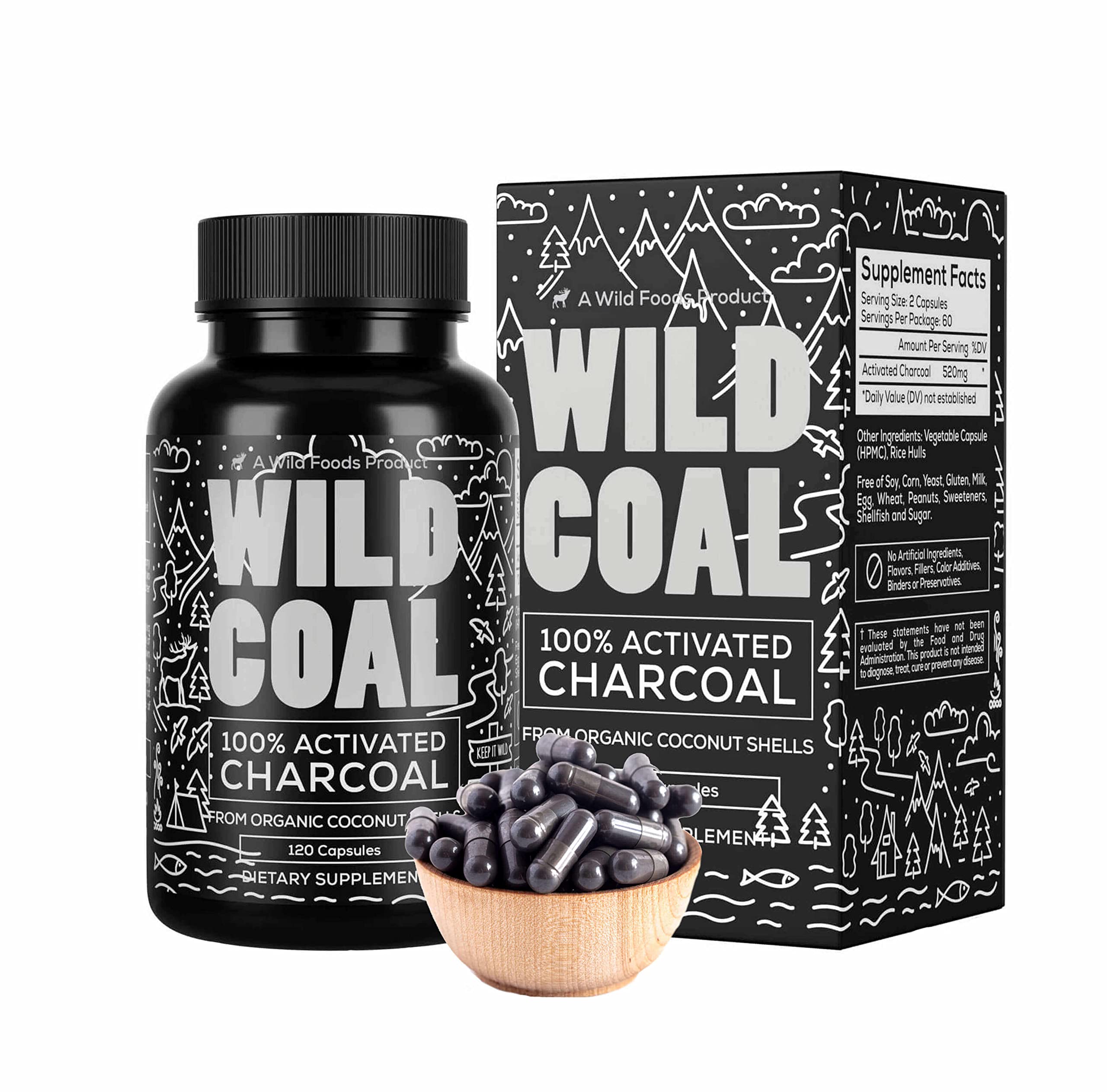 Wild Foods Activated Charcoal Capsules bottle containing 120 capsules