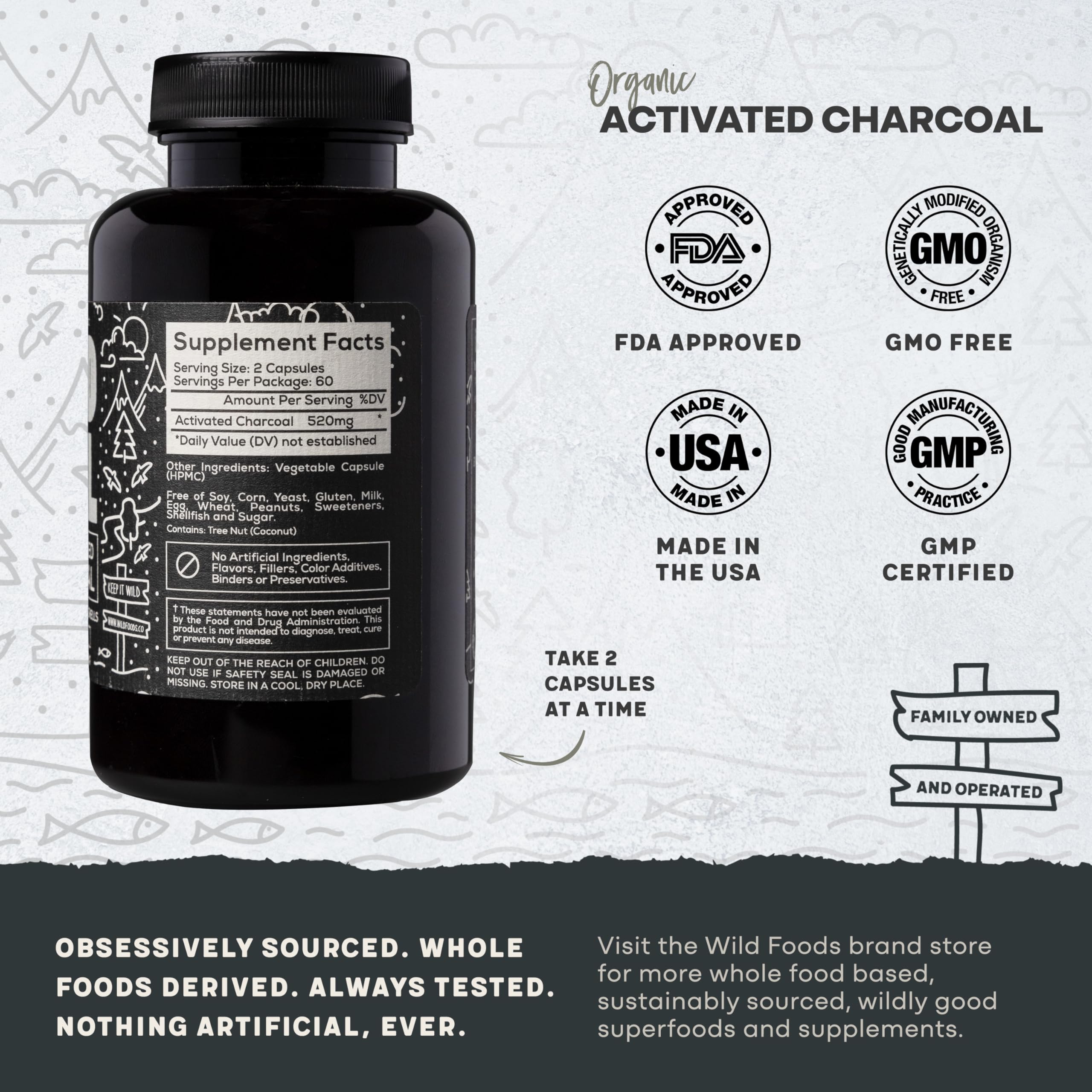 Two bottles of Wild Foods Activated Charcoal Capsules
