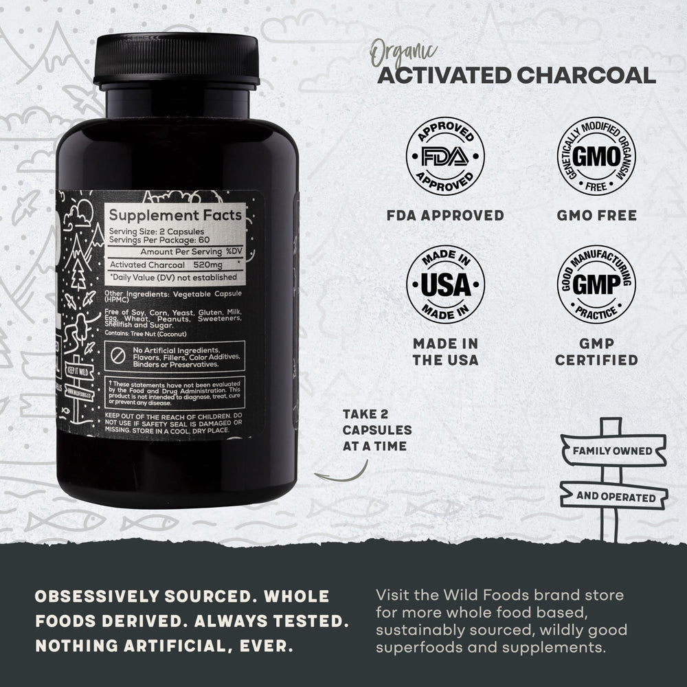Two bottles of Wild Foods Activated Charcoal Capsules