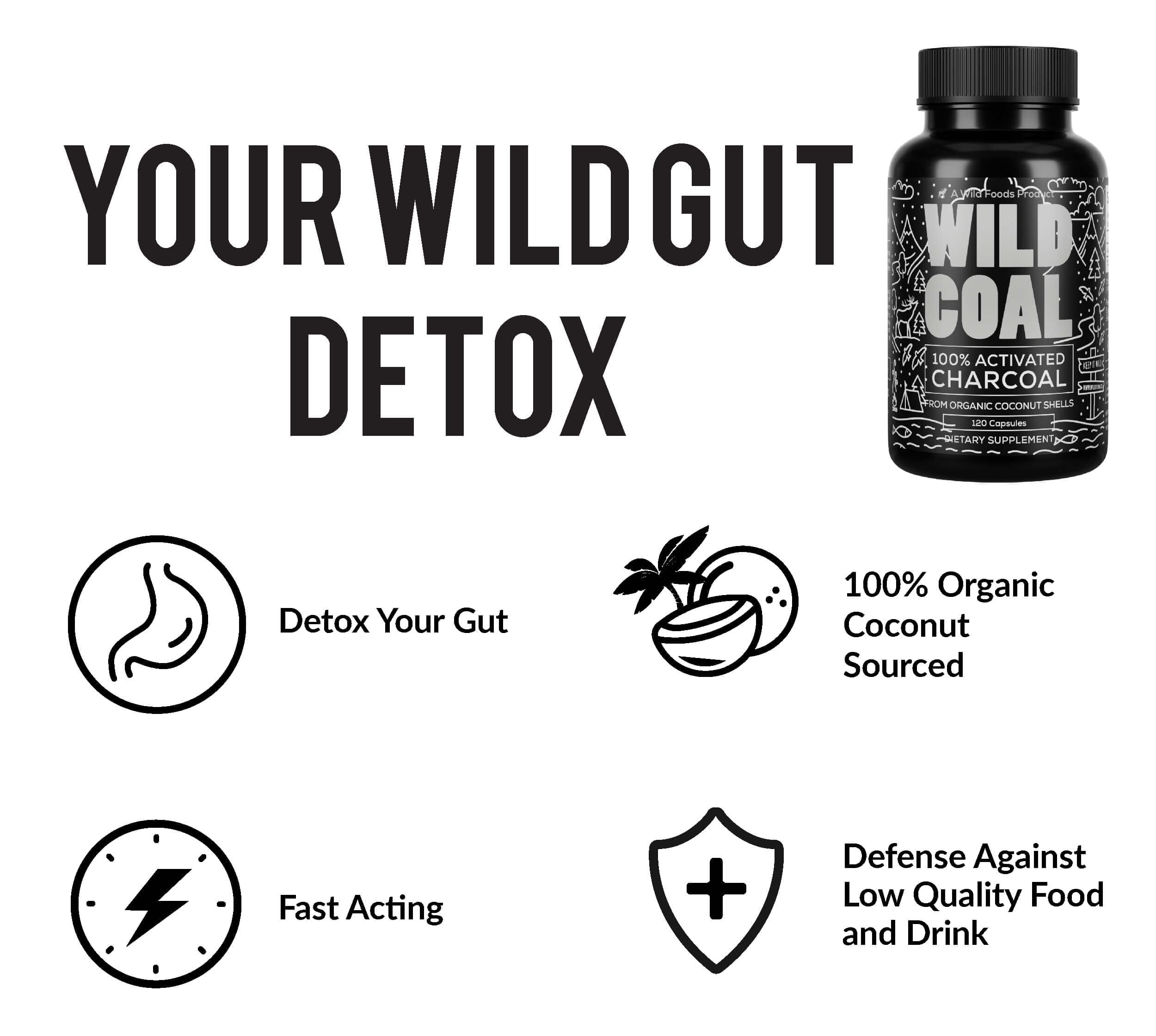 Lifestyle shot shows before-meal use for digestion comfort with Wild Foods charcoal.