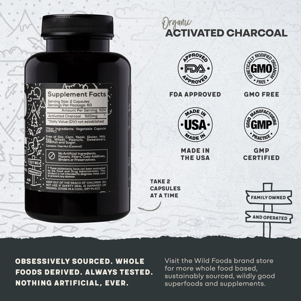 Product label highlights Wild Foods USA made and non-GMO quality.