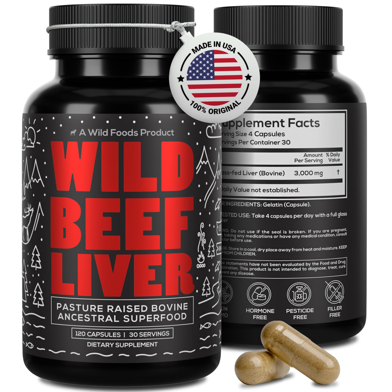 Wild Foods beef liver capsules hero image with bottle and 120 softgels