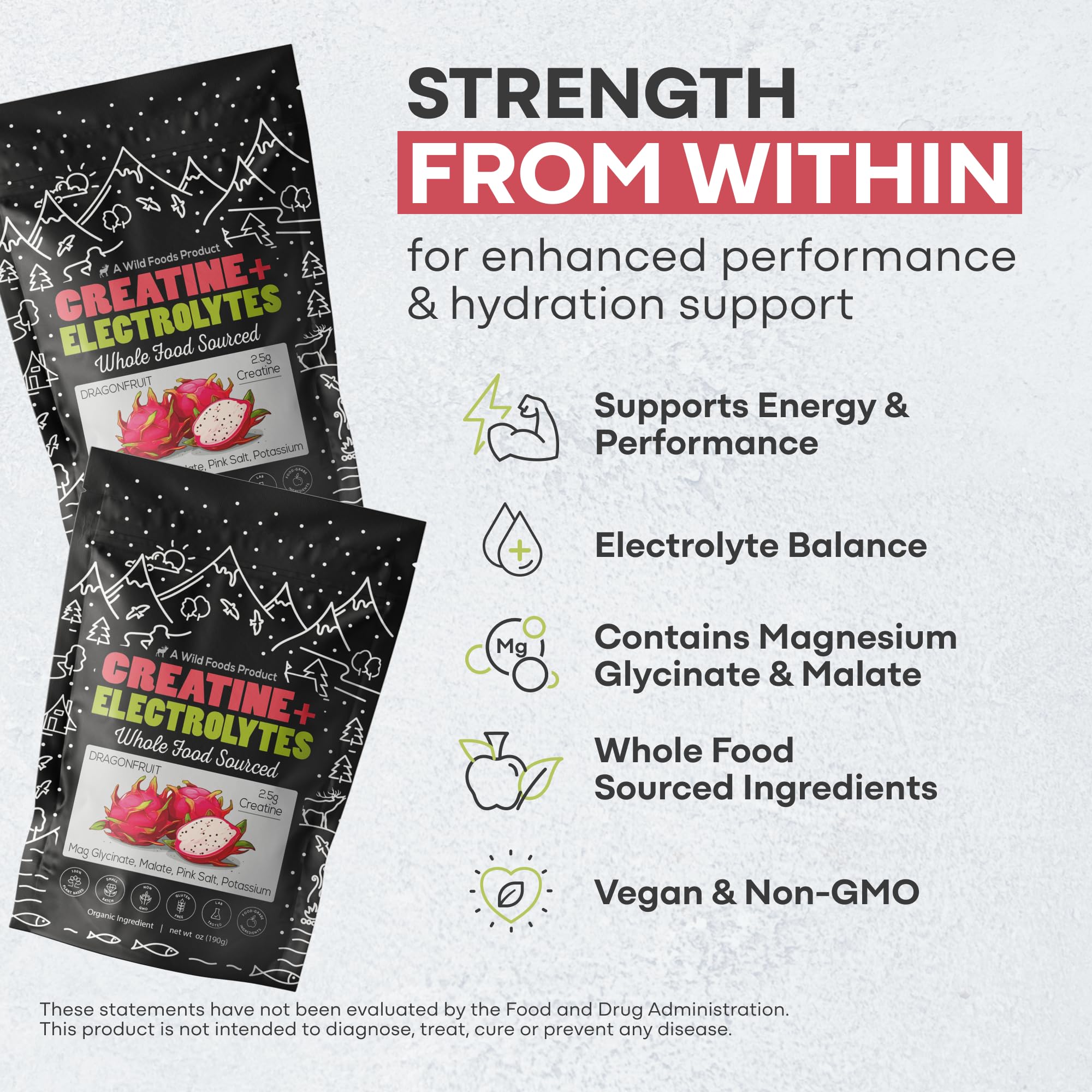 Close-up of ingredients in Wild Foods Dragonfruit Creatine & Electrolytes Packets