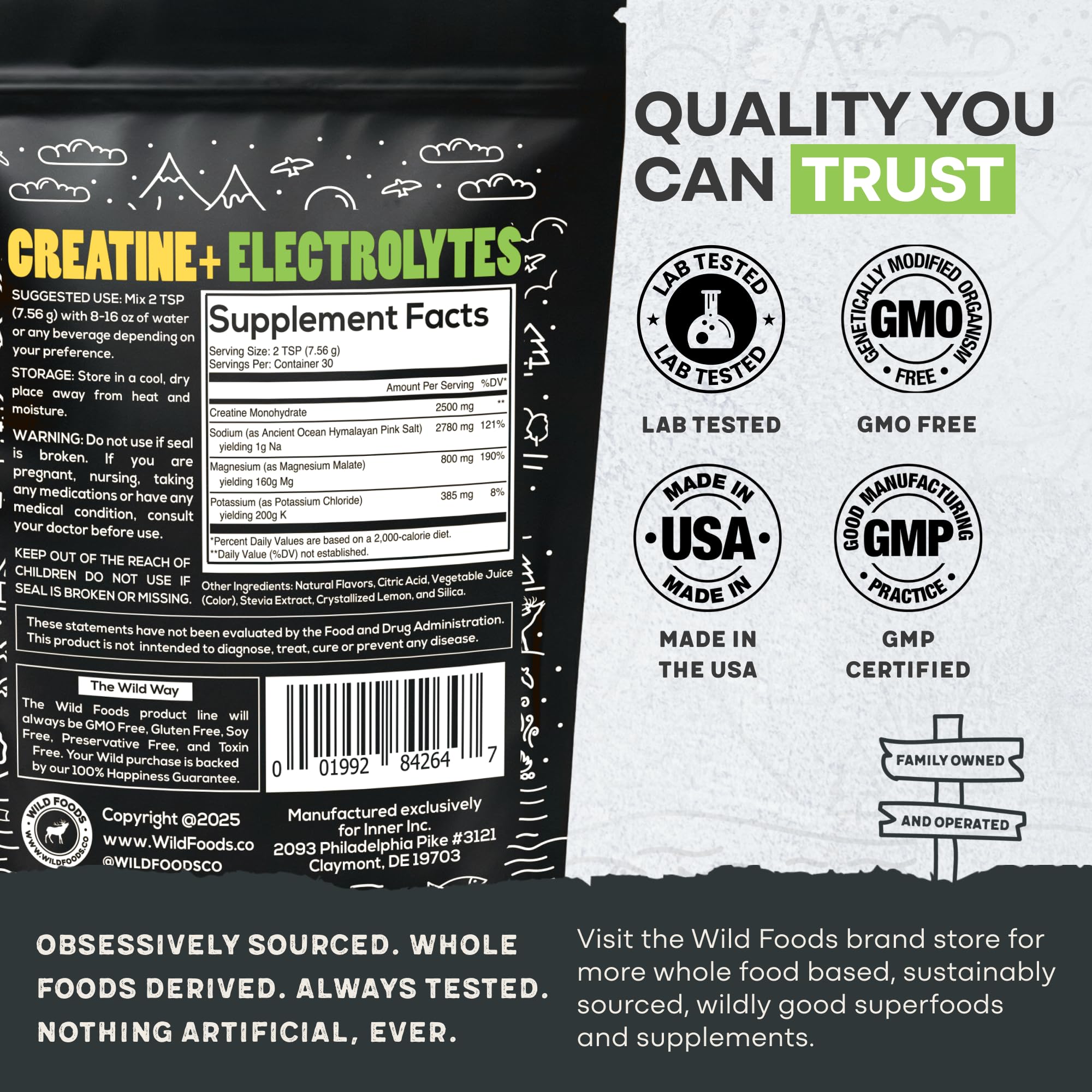 Product label for Wild Foods Creatine + Electrolytes Lemon Lime, 8 oz