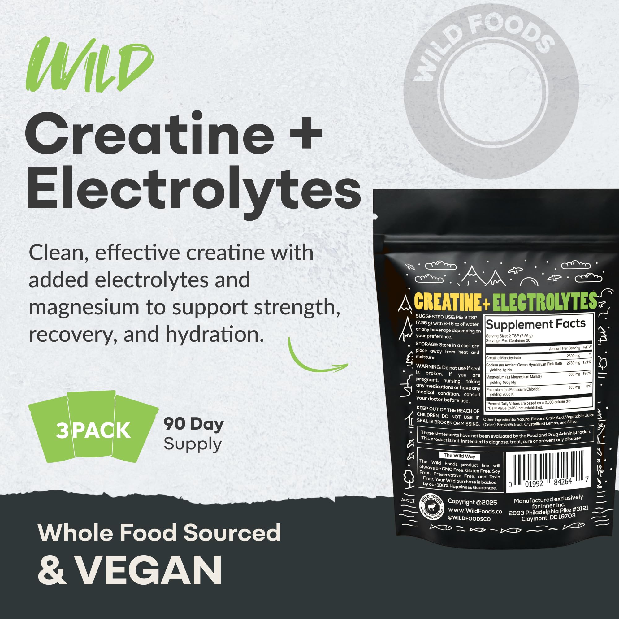 Back/ingredients panel for Wild Foods Creatine + Electrolytes Lemon Lime, 8 oz