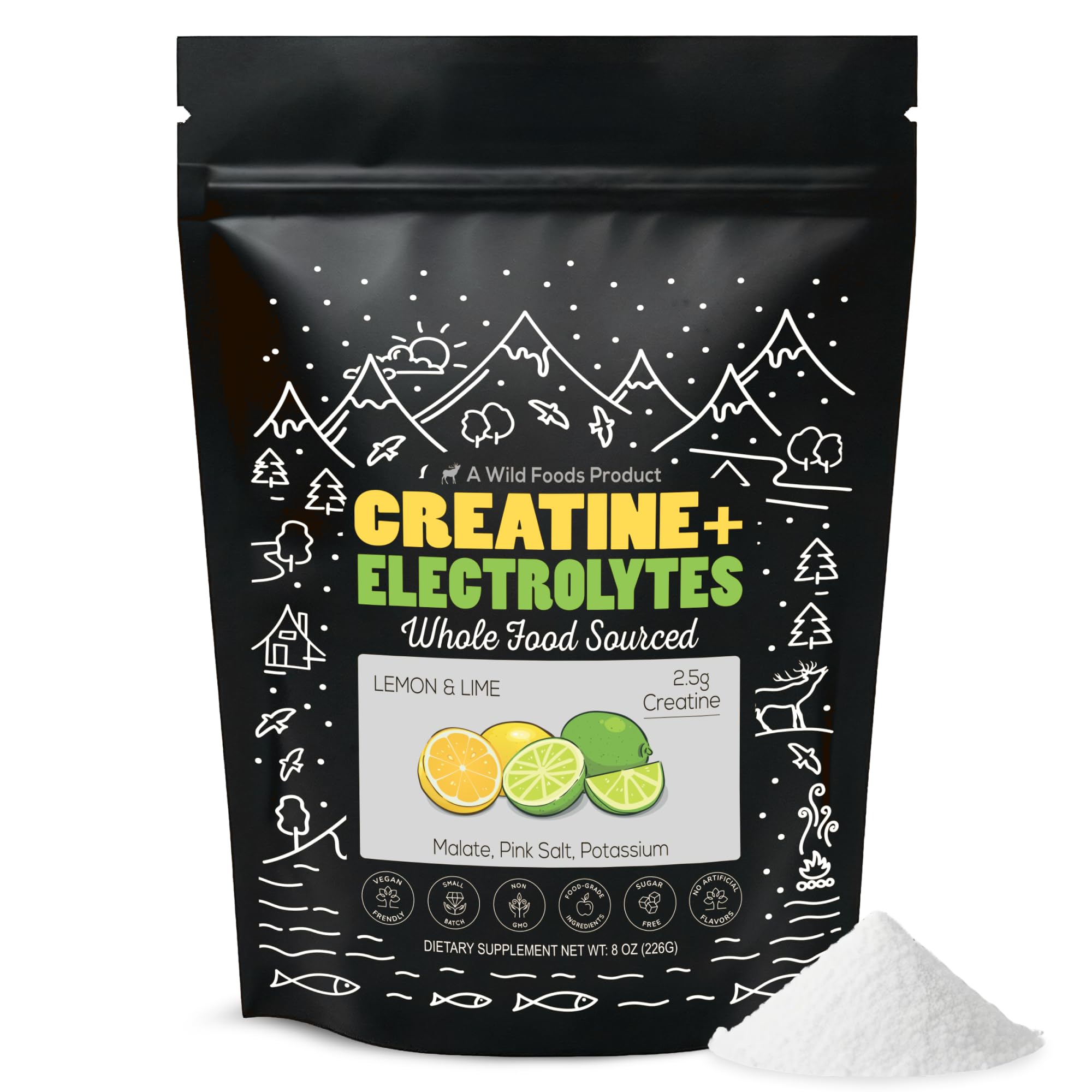Front view of Wild Foods Creatine + Electrolytes Lemon Lime powder, 8 oz