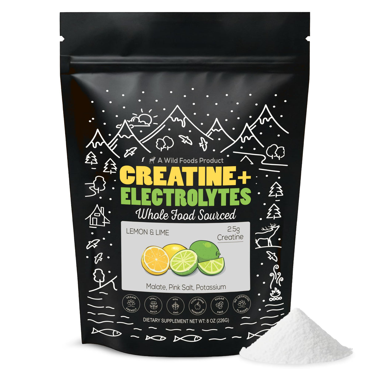 Front view of Wild Foods Creatine + Electrolytes Lemon Lime powder, 8 oz