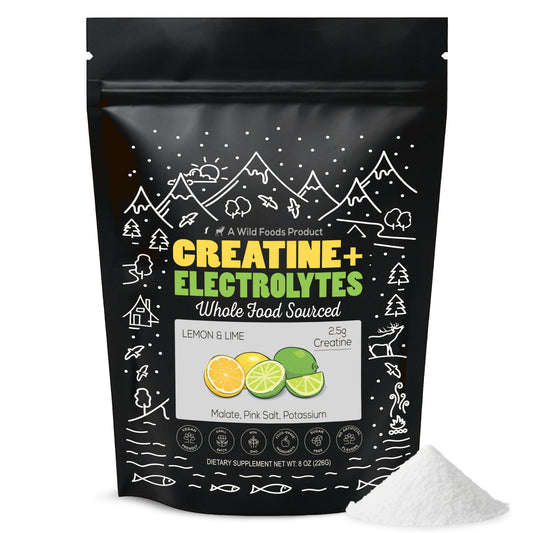 Front view of Wild Foods Creatine + Electrolytes Lemon Lime powder, 8 oz