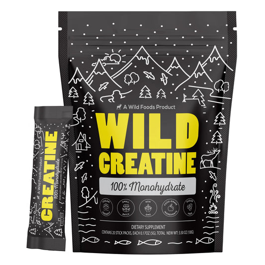 Wild Foods Creatine Monohydrate stick packet front shows 5g per serving