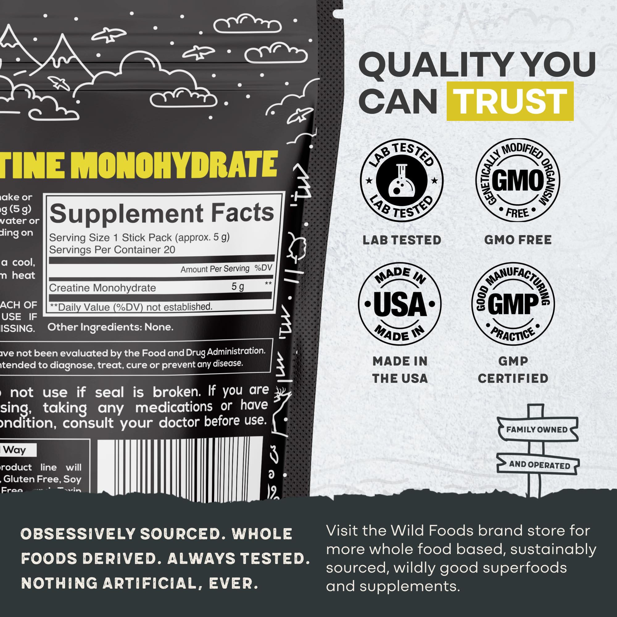 Close-up of Wild Foods Creatine Monohydrate stick packets