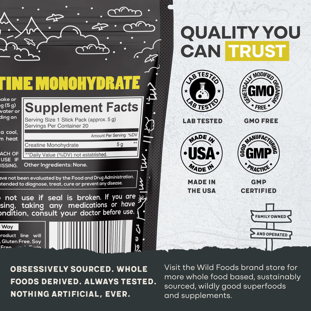 Close-up of Wild Foods Creatine Monohydrate stick packets