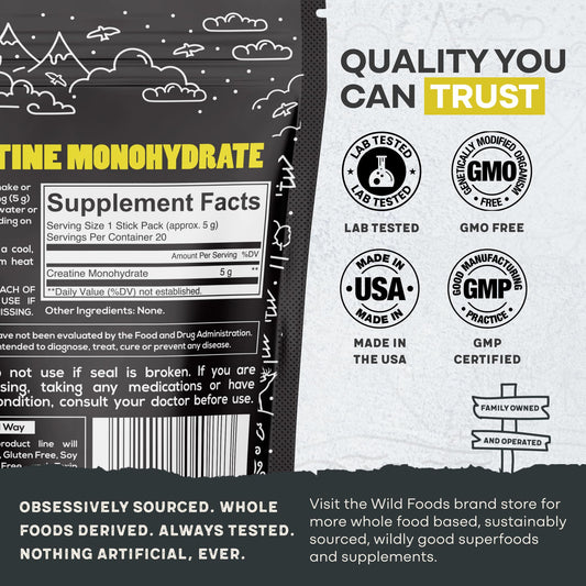 Close-up of Wild Foods Creatine Monohydrate stick packets