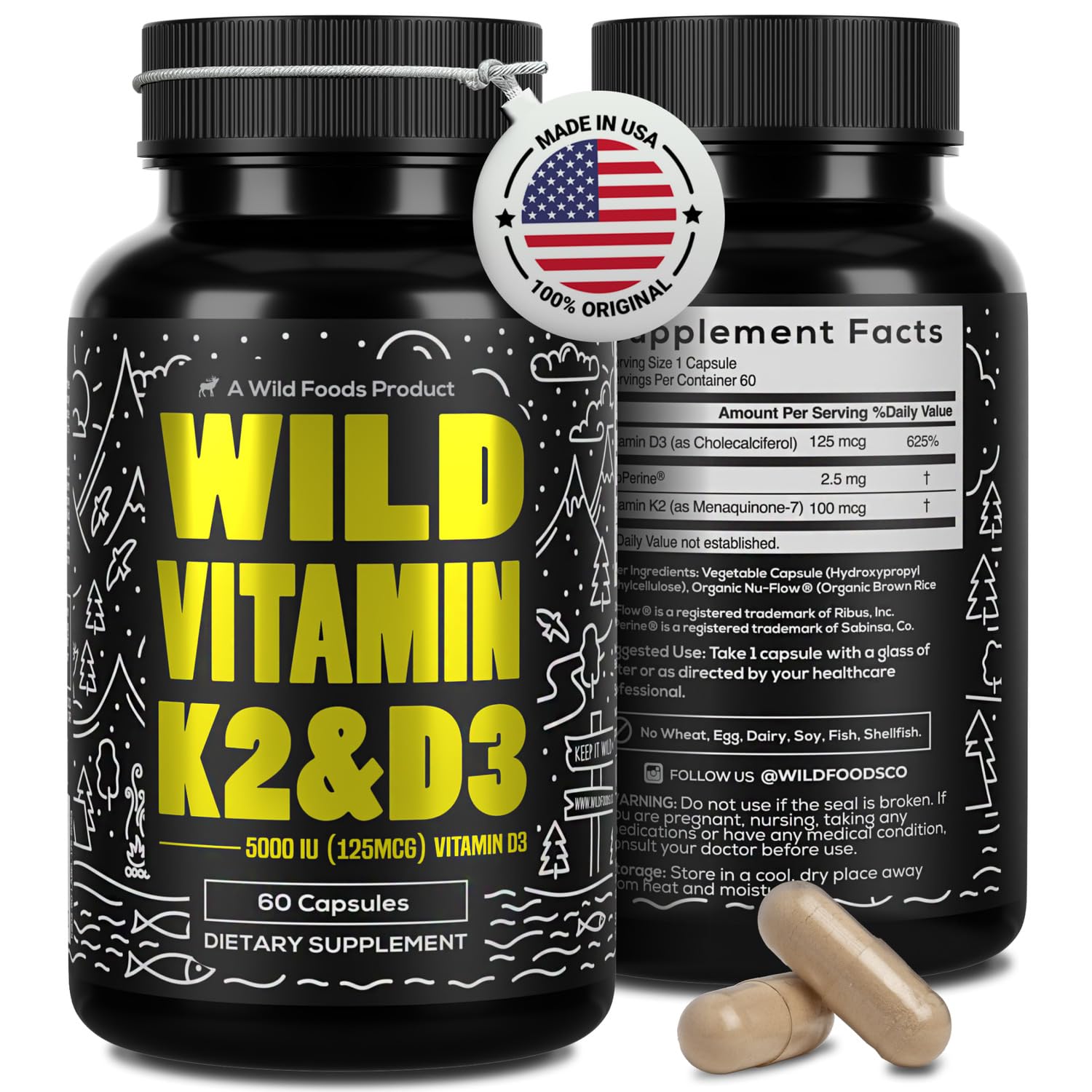 Wild Foods Vitamin D3 5000 IU + K2 MK-7 bottle front