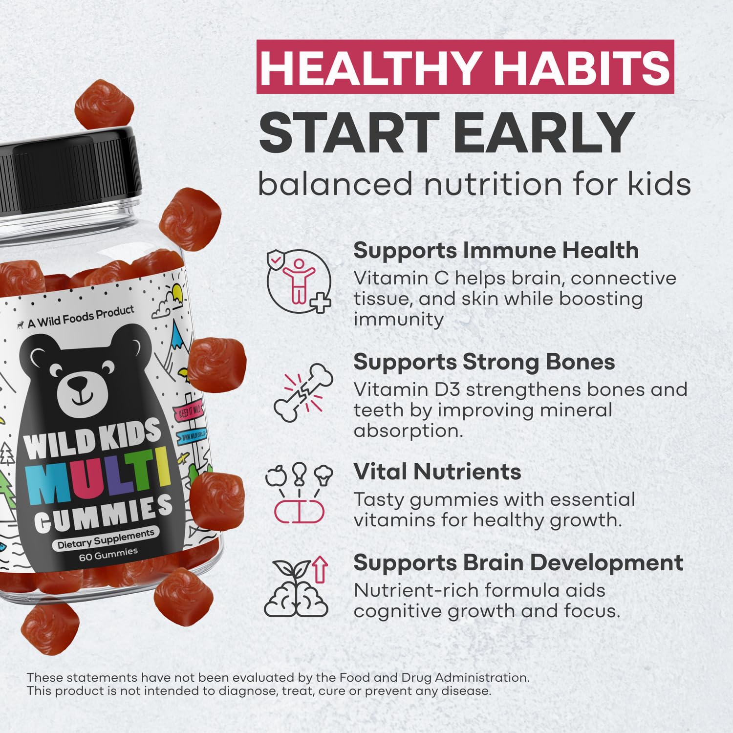 Label highlighting DHA and probiotics in Wild Foods kids multivitamin gummies