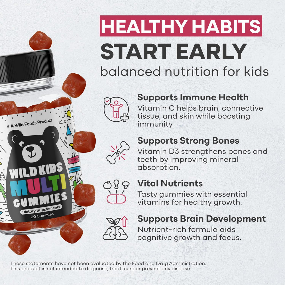 Label highlighting DHA and probiotics in Wild Foods kids multivitamin gummies