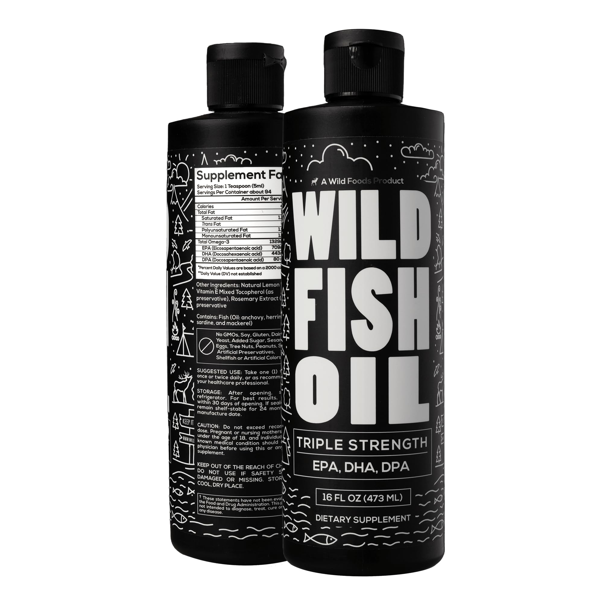 Front view of Wild Foods Liquid Omega-3 Fish Oil Lemon 16 oz bottle.