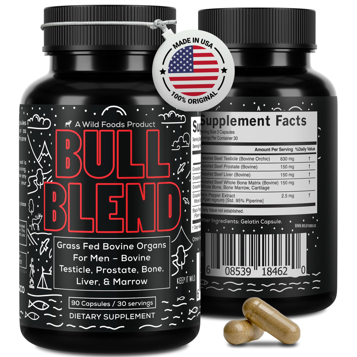 Wild Foods Men's Vitality Formula bottle with Grass-Fed Bovine Organ Meat Capsules
