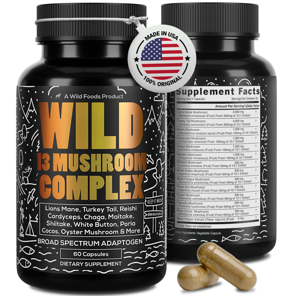 Bottle label for Wild Foods Premium Mushroom Supplement Complex showing 13 mushrooms