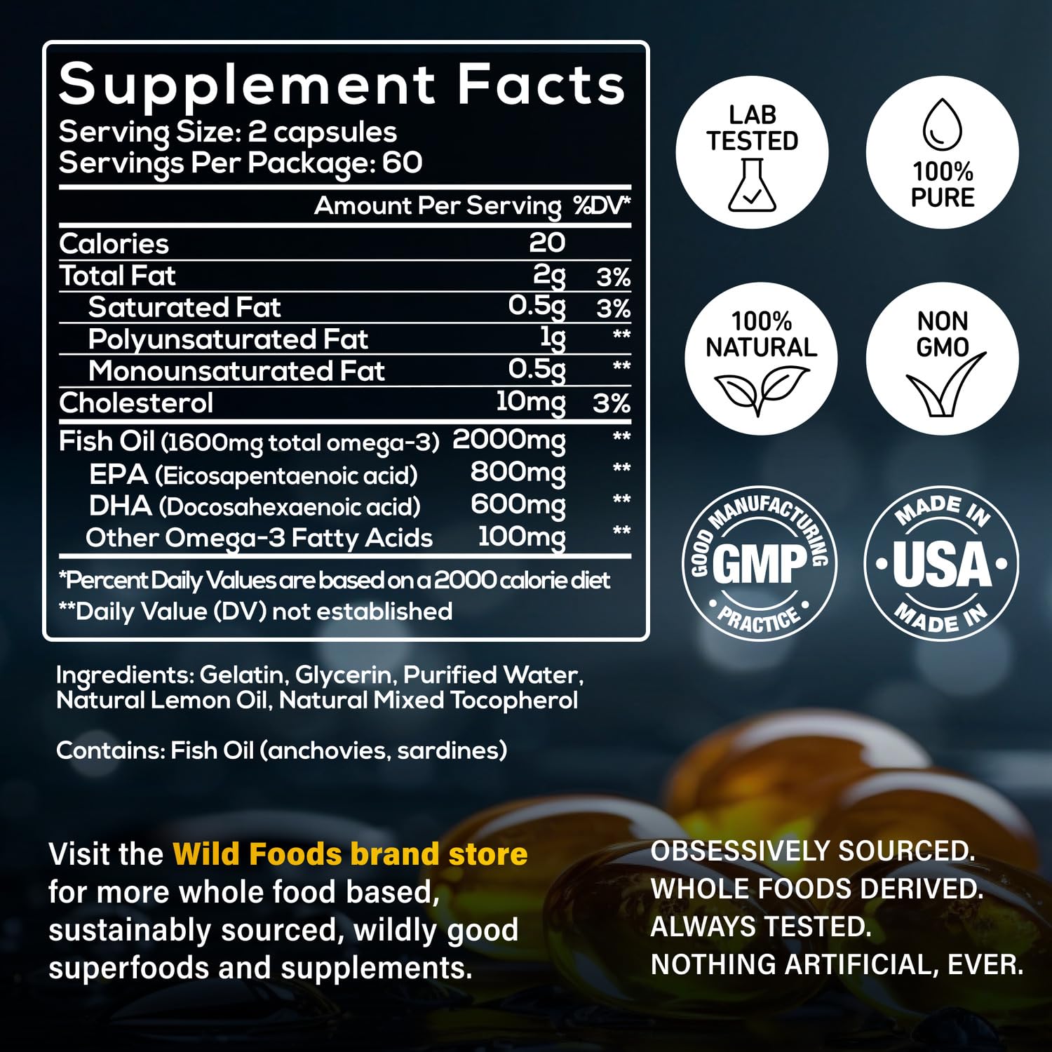 Nutrition label showing EPA 600 mg, DHA 600 mg, DPA 100 mg per serving