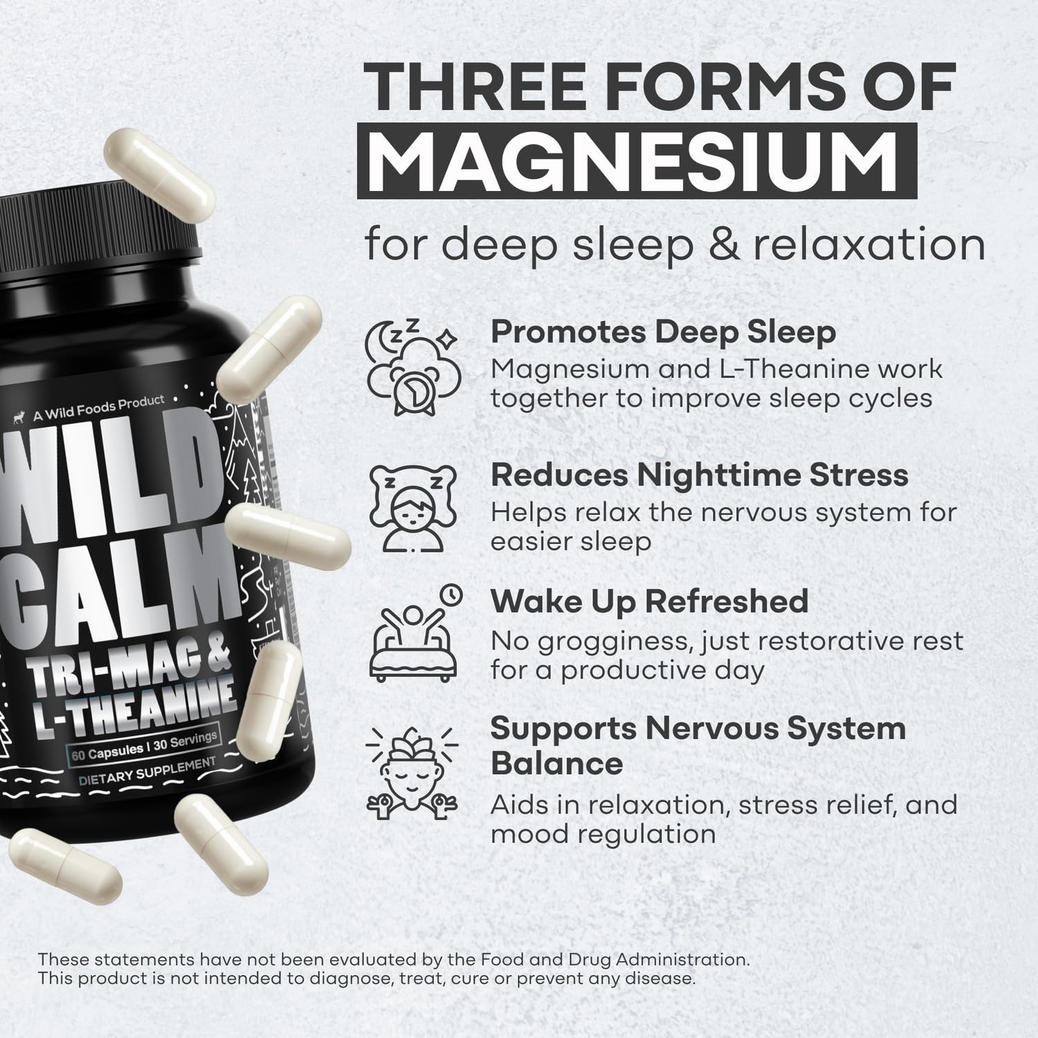 Graphic illustration of three magnesium forms: glycinate, malate, taurate