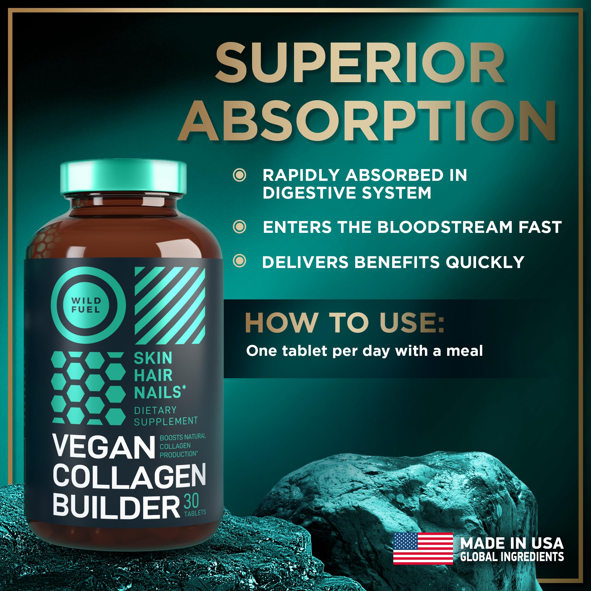 Wild Fuel vegan capsules emphasize plant-based collagen support.