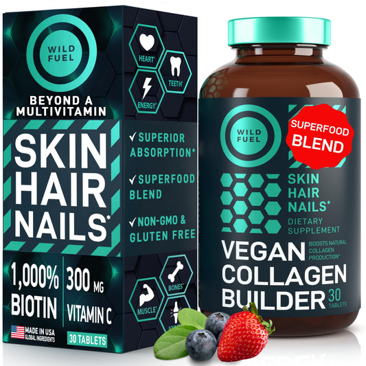 WILD FUEL Vegan Collagen Builder bottle with 30 tablets on white background