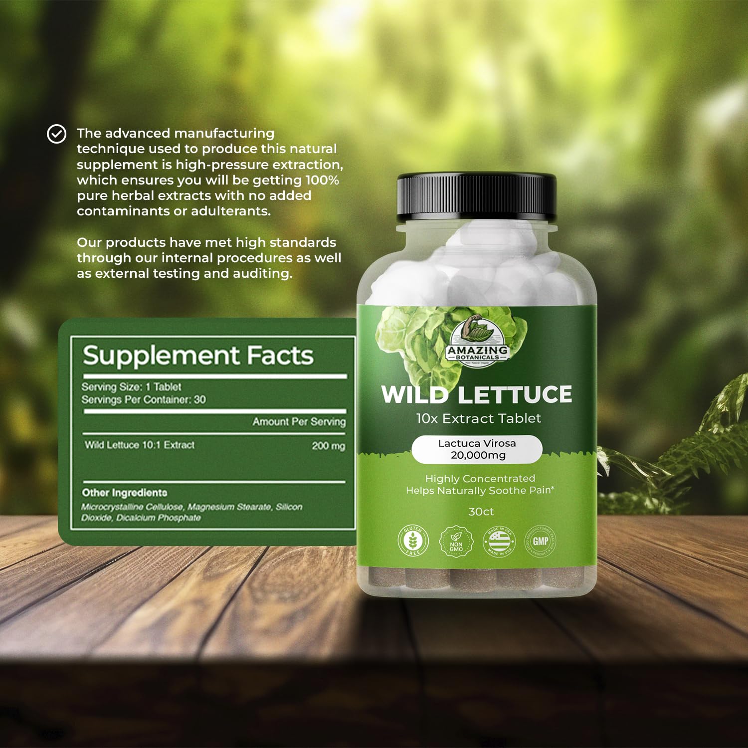Bottle of Wild Lettuce Extract Tablets 10X (30 tablets) by Amazing Botanicals